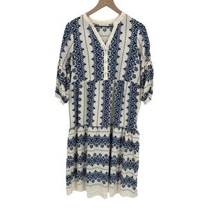 Fig‎ + Flower Dress Womens PL Blue  Cream Medallion Midi Tiered V-Neck Boho